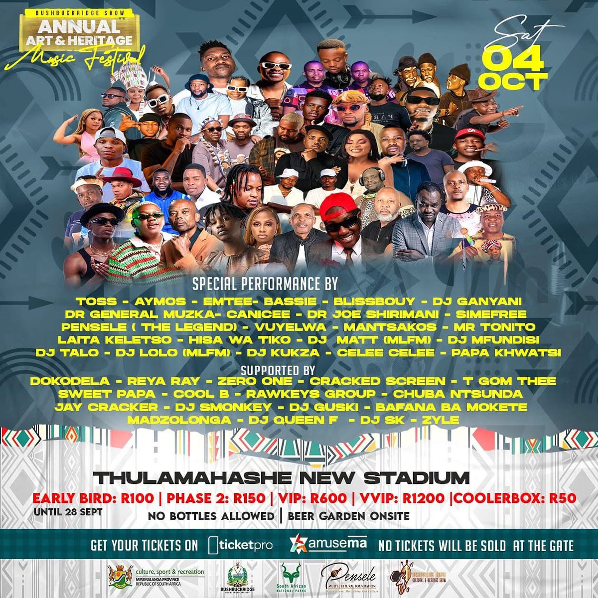 EmbiteniLeisure's tweet photo. What better way to attend the Annual Arts & Heritage Music Festival this Saturday (4 October) than treating yourself to a VIP ticket and joining the Embiteni team at our VIP marquee tent?

You get to enjoy: exclusive seating and comfort, a private bar & bottle service, waiter service, a complimentary welcome drink, private restrooms and security!

RESERVE YOUR SPACE in the Embiteni VIP marquee tent now, just give us a call on 068 033 6953!

Venue: Thulamahashe New Stadium New Stadium
Date and time: Saturday, 4 October, from 10:00

NOTE: VIP tickets cost R600 and can ONLY be purchased online by clicking here -> https://t.co/p1GPXGVfjN

#ArtsAndHeritageFestival #Bushbuckridge #Embiteni