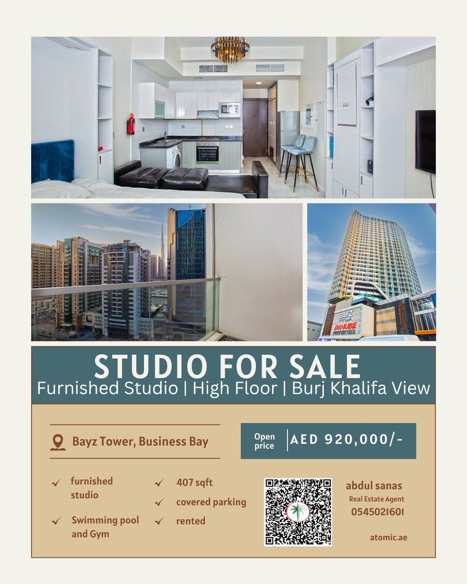 sanassnu's tweet photo. Furnished Studio | Burj Khalifa View | AED 920K
📍 Bayz Tower, Business Bay
✅ High floor (above 26)
✅ Fully furnished, rented @ AED 58K/yr
✅ Burj + Canal views | Covered parking
🔥 High ROI | Top amenities | Downtown nearby
#DubaiProperty #BusinessBay #ForSale https://t.co/t7GVKjEFFV