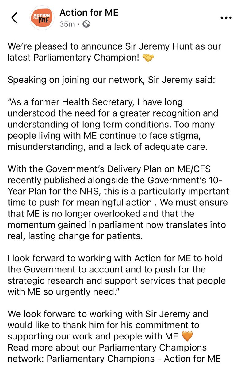 PhoebsBo's tweet image. I had to check that it wasn’t April 1st. 

Jeremy Hunt has joined Action for ME’s Parliamentary Champions network. 

The man who wanted to privatise the NHS and force chronically ill and disabled people into work with threats of benefit sanctions.

#PwME #ActionForME