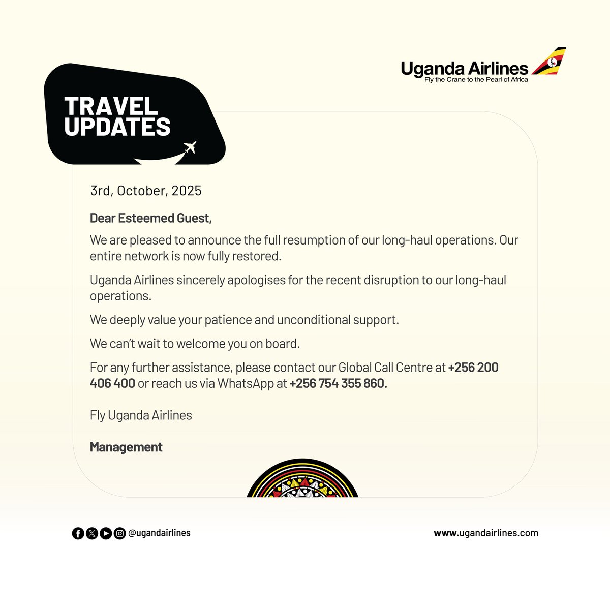 UG_Airlines's tweet image. #TravelUpdate We are pleased to announce the full resumption of our long-haul operations.
#FlyUgandaAirlines