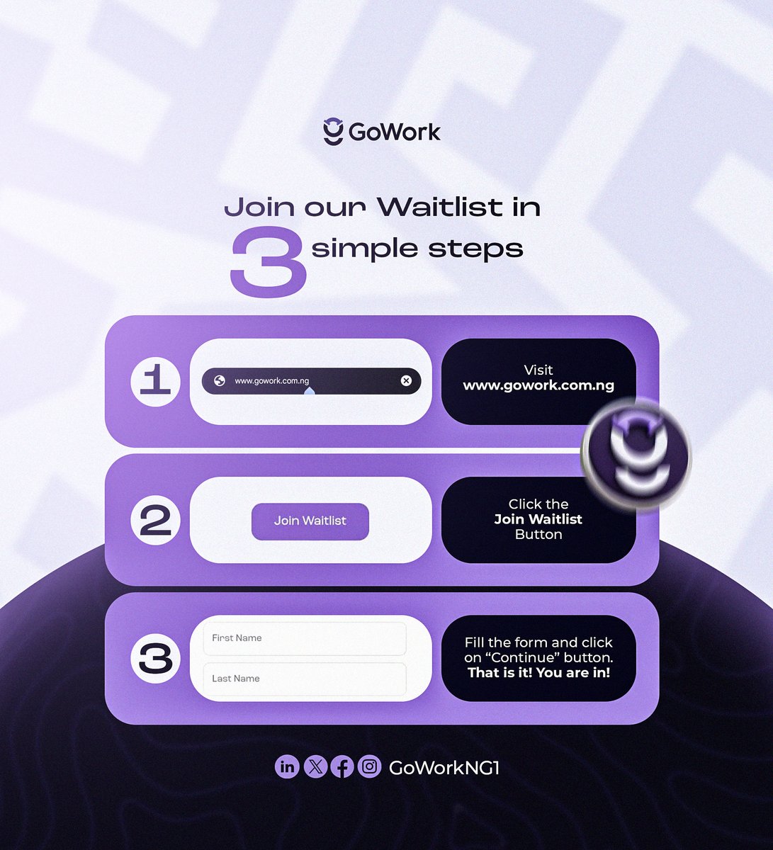GoWorkNG1's tweet image. Get ahead of the curve! Join the GoWork waitlist in just 3 simple steps:

Visit .www.gowork.com.ng

Click 'Join Waitlist'

Fill the form.

That's all it takes to get ready for easy, trusted home services!

#GoWork #Waitlist #3Steps #Handyman #HomeServices #Nigeria #Tech