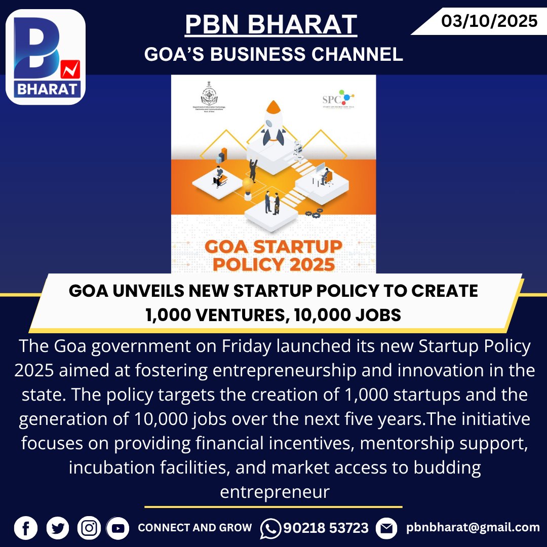 PBNBHARAT's tweet image. Goa Unveils New Startup Policy to Create 1,000 Ventures, 10,000 Jobs
#GoaStartupPolicy #GoaInnovation #StartupEcosystem #GoaStartups #Entrepreneurship #GoaJobs #InnovationInGoa #GoaEconomy #StartupGrowth #FutureOfGoa #JobCreation #GoaBusiness