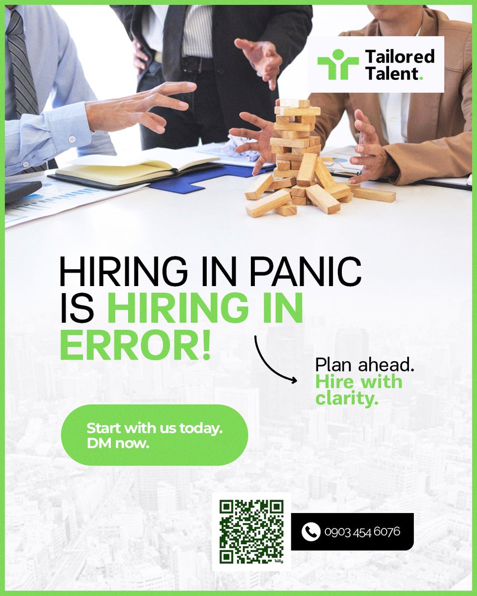 _tailoredtalent's tweet image. If you only hire when it is urgent, you are already behind.

Panic hiring always costs more.

We help you plan ahead so you always know your next hire before you need them.

Start today. DM us and hire with clarity.

#TailoredTalent #HireWithClarity #SmartRecruitment
