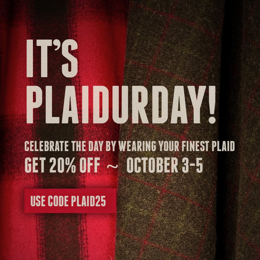It’s #Plaidurday! Let’s see pics of you wearing your finest plaid. And if you need to add to your collection, save 20% at stormykromer.com through Sunday with code PLAID25.