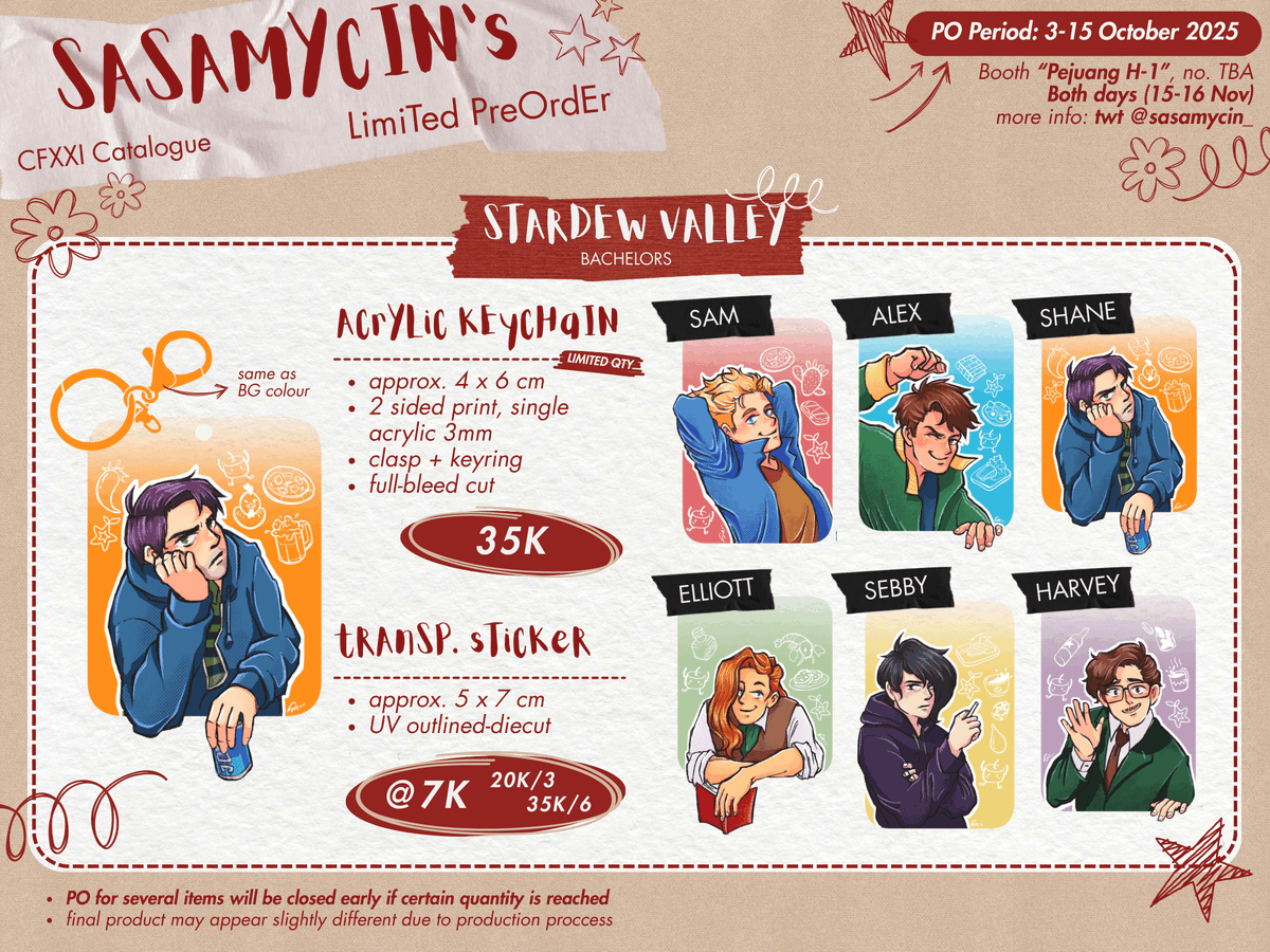 sasamycin_'s tweet photo. (🔁&amp;❤️ are appreciated)

Finally opening up my first Pre/Booking Order! :D ✨

📅: 3 - 15 Oct '25
🛒: Pejuang H-1! (no. TBA)
📬: Pick-up both days &amp; Mail Order 
🍜: SDV, JJK, SXF, THE BOYS, BABYMETAL, cats, etc.

👇🔗 and more in threads below👇

#comifuro21 #cf21catalogue (1/2) https://t.co/yV8lmlj6Gq