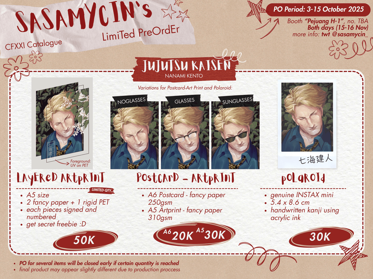 sasamycin_'s tweet photo. (🔁&amp;❤️ are appreciated)

Finally opening up my first Pre/Booking Order! :D ✨

📅: 3 - 15 Oct '25
🛒: Pejuang H-1! (no. TBA)
📬: Pick-up both days &amp; Mail Order 
🍜: SDV, JJK, SXF, THE BOYS, BABYMETAL, cats, etc.

👇🔗 and more in threads below👇

#comifuro21 #cf21catalogue (1/2) https://t.co/yV8lmlj6Gq