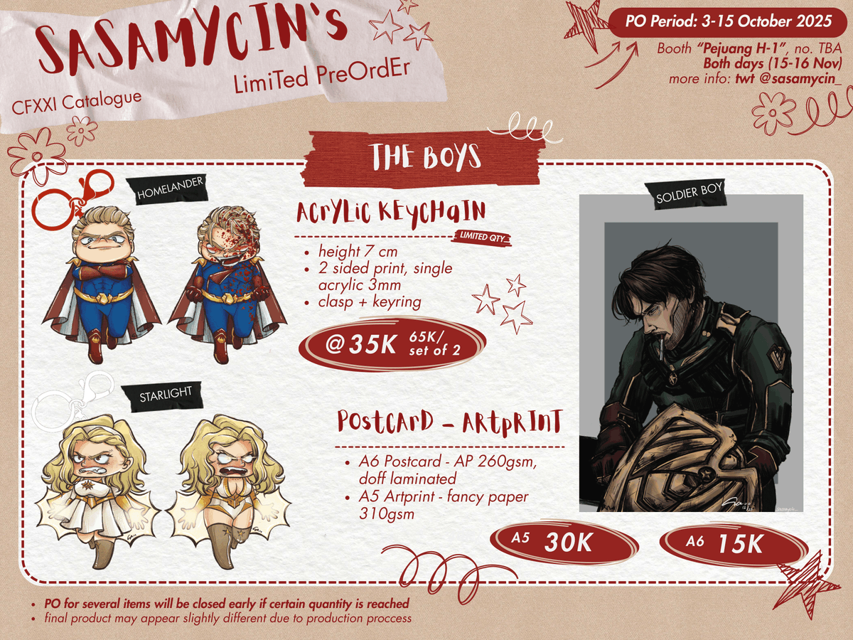 (🔁&amp;❤️ are appreciated)

Finally opening up my first Pre/Booking Order! :D ✨

📅: 3 - 15 Oct '25
🛒: Pejuang H-1! (no. TBA)
📬: Pick-up both days &amp; Mail Order 
🍜: SDV, JJK, SXF, THE BOYS, BABYMETAL, cats, etc.

👇🔗 and more in threads below👇

#comifuro21 #cf21catalogue (1/2)