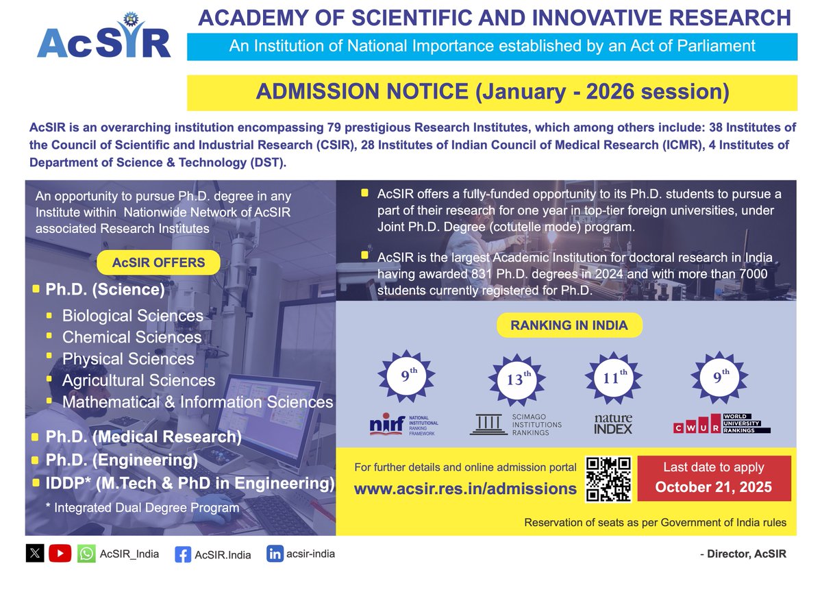 CSIR_IITR's tweet image. CSIR- IITR invites application for AcSIR PhD for the January 2026 session. The core areas where students can apply are life sciences, toxicology, chemical and environmental sciences. Last date of application October 21, 2025. @AcSIR_India @CSIR_IITR