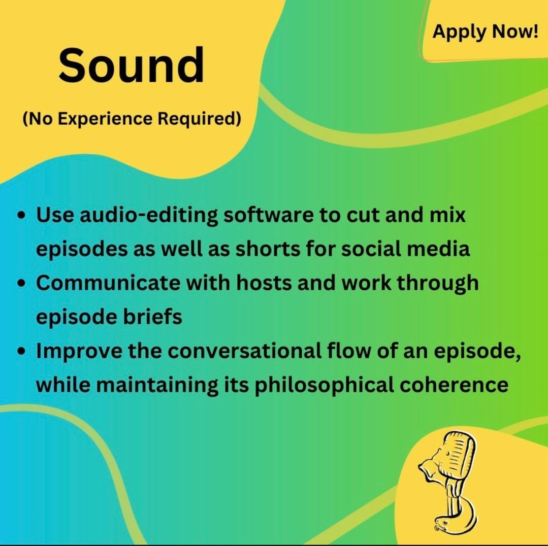 ThoughtsUofg's tweet photo. We are recruiting again! 
If you have an interest in philosophy, and enjoy our podcast, then now is the time to apply to join! We have roles available in hosting , marketing, and sound. If any of these peak your interest , then follow the link in our bio to the application form. https://t.co/id7KUg2WqJ
