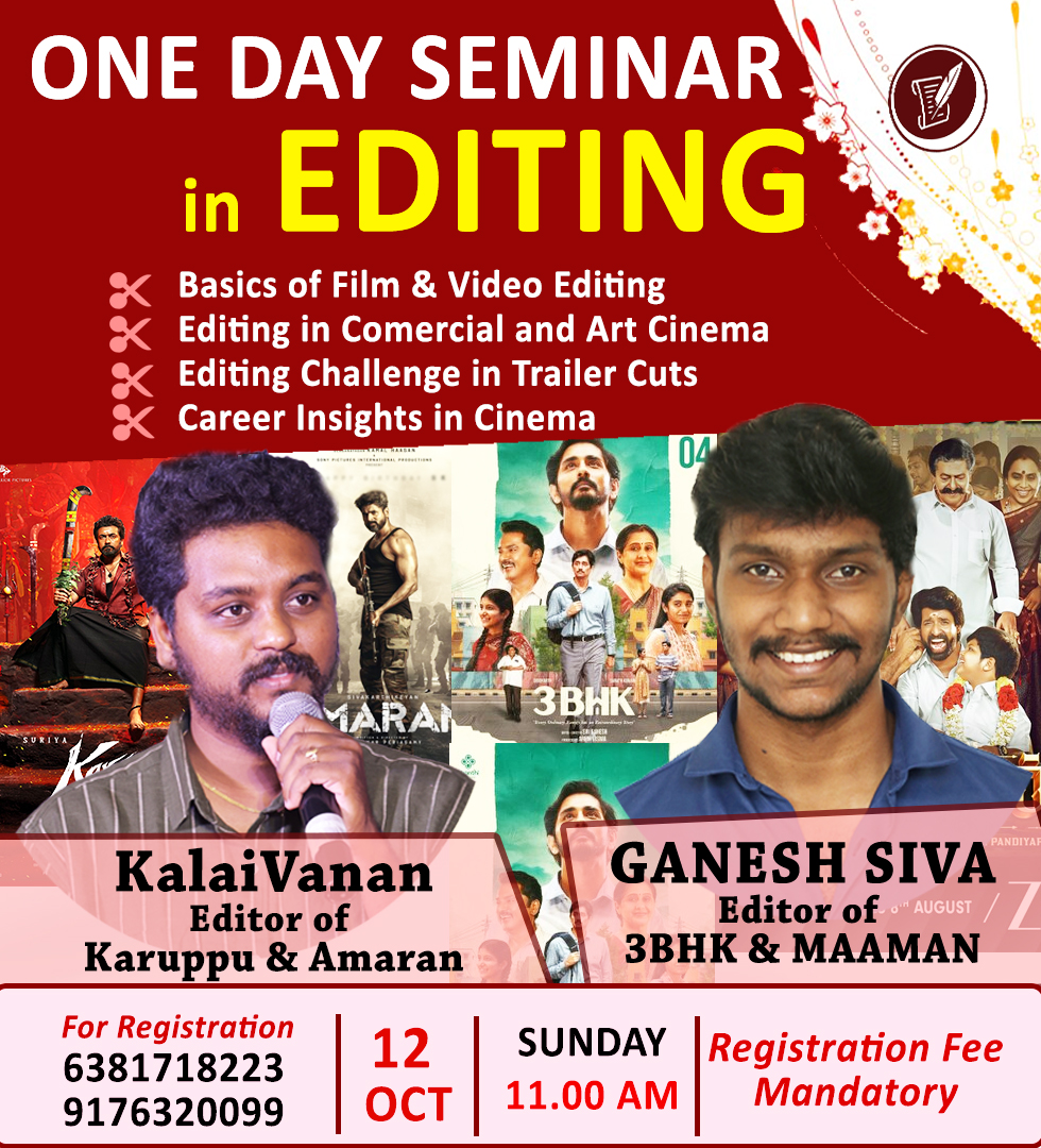 Mooninred_off's tweet image. One Day Seminar in Film Editing!
By Editor Kalaivanan and Editor Ganesh Siva
Arranged By ATHVEEN Entertainment of MooninReds

#Editing #Workshop #Editingclass #EditingSeminar #Kaliavanan #Amaran #Karuppu #3BHK #Maaman #TamilCinema #IndianCinema #Film #Movies #Editor