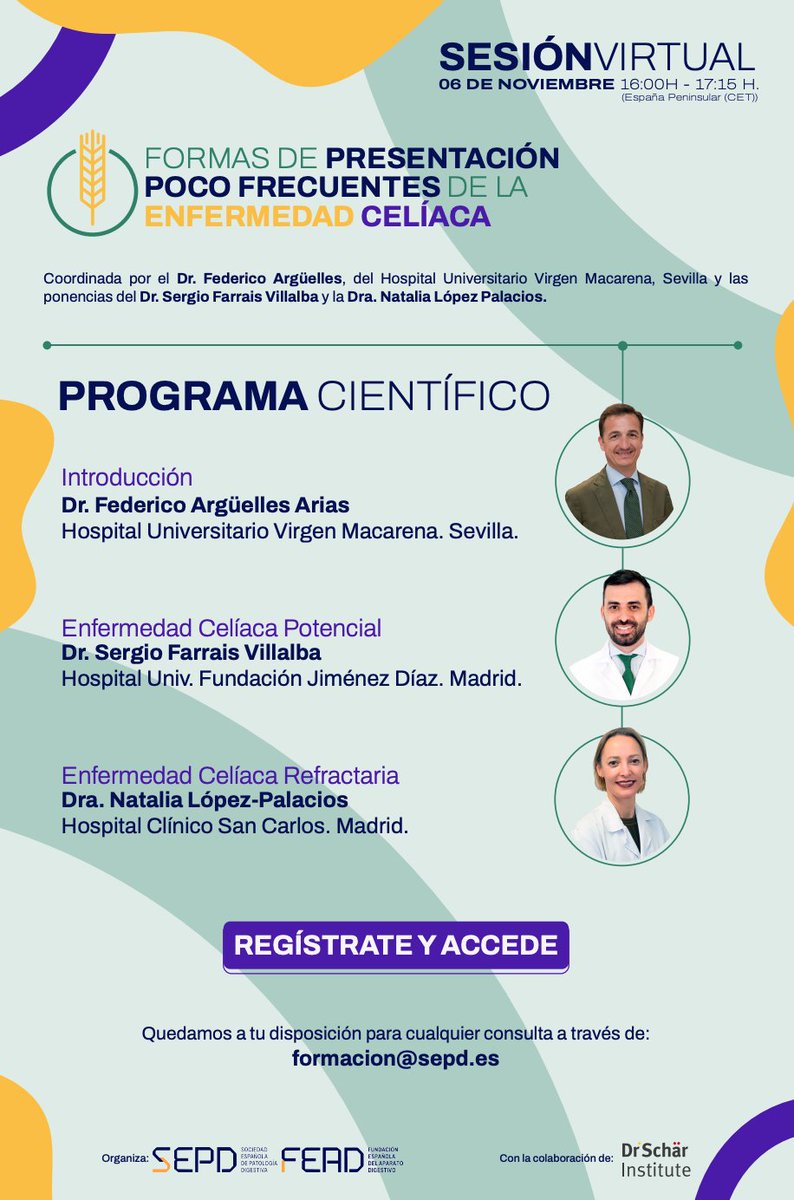 Anota en la agenda!
6 de noviembre de 16 a 17:15 hrs.
🔂Presentaciones inusuales de la Enfermedad Celíaca. Descúbrelo en nuestro próximo webinar. 
Más información e inscripción: sepd.es/storage/cid/Fo…
