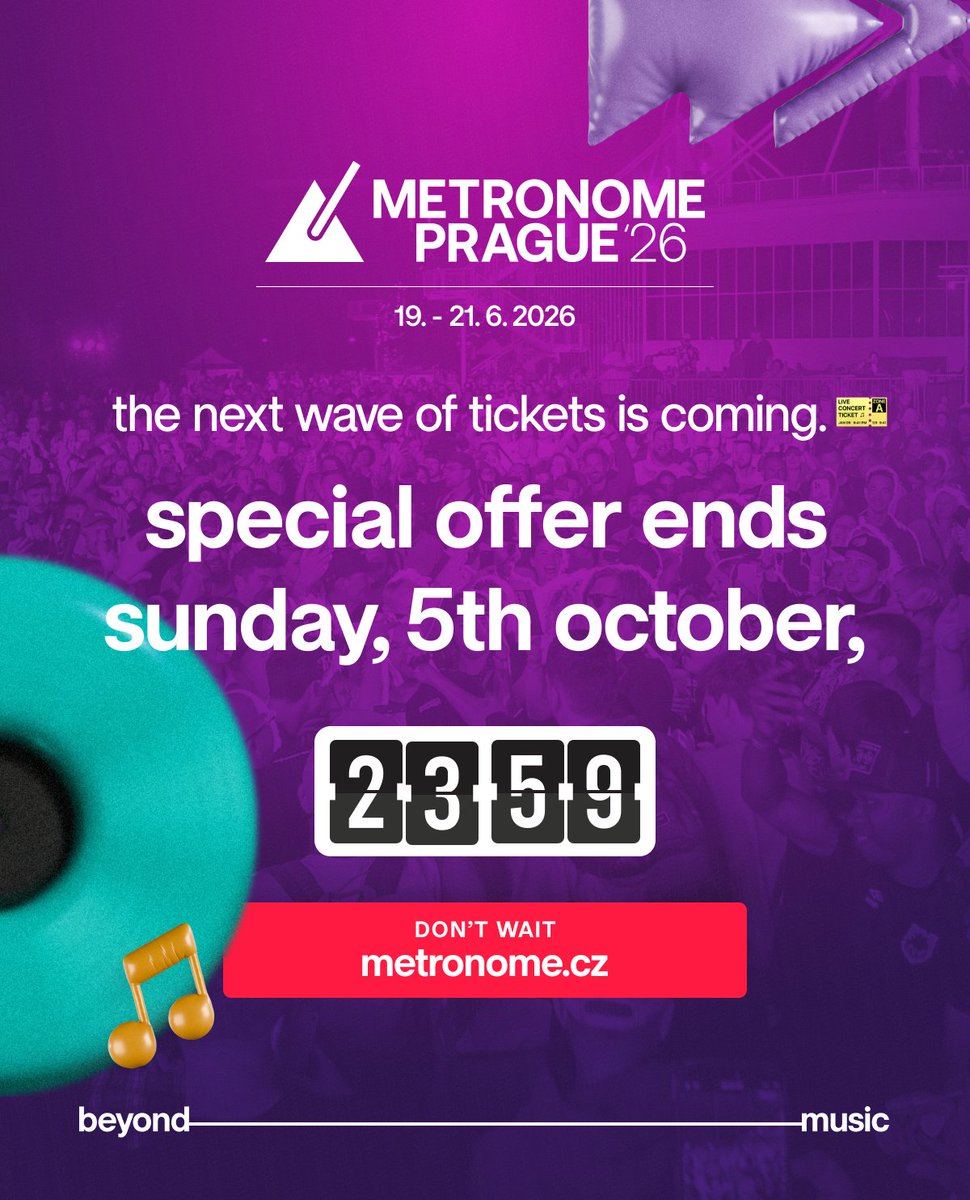 ⏳ Last chance to grab your tickets at the best price! 🎫

The special edition tickets for Metronome Prague 2026 end on Sunday, October 5 at 11:59 PM. 😉 Don’t miss out ➡️ metronome.cz