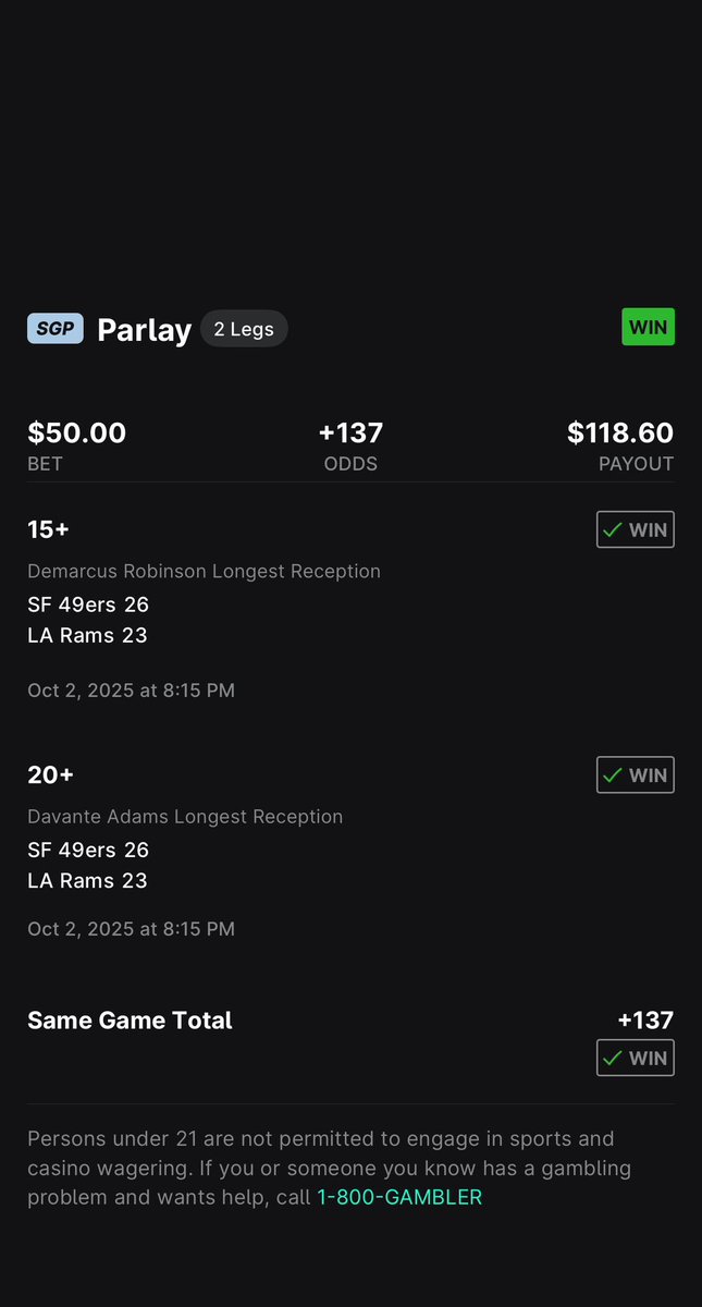 Dads Bet Club Loves TNF!!

Main play level 1 and 2 cashed so easy!!!

Bonus for the two long receptions as well!!

📚 Research powered by <a href="/yourlinemate/">Linemate</a>

Grab your own research on Linemate+ ⬇️
linemate.onelink.me/P4de/y1dq3j6x

Link to join Dads Bet Club Discord (I'll research for you)
🔗: