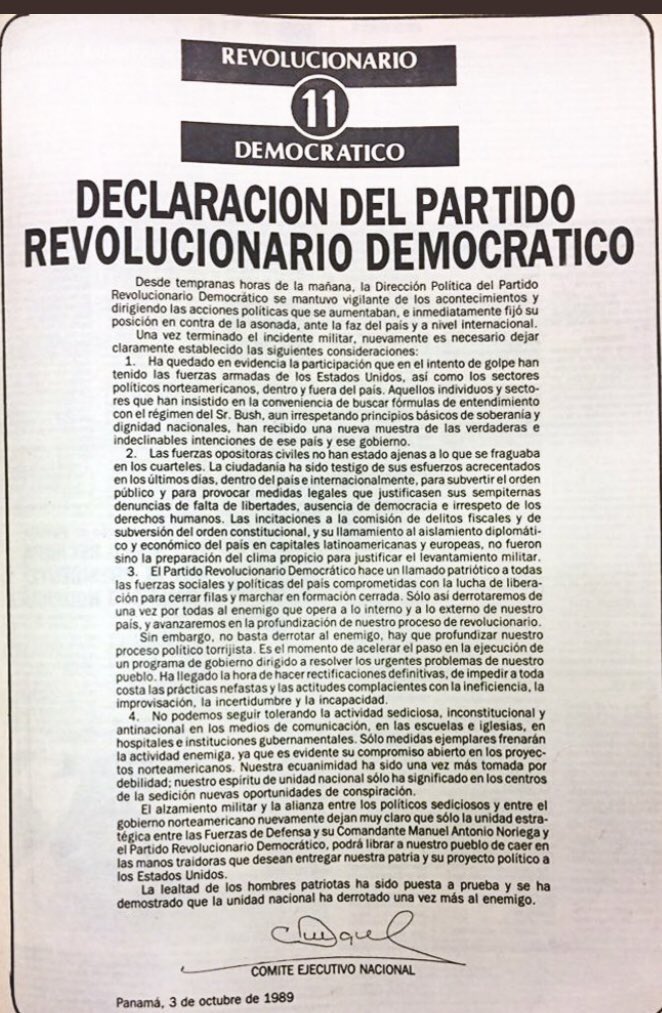 Hoy se cumplen 36 años de la Masacre de Albrook tras el intento fallido de un golpe de Estado el 3 de octubre de 1989.

Un día como hoy, el PRD salió a respaldar el lado oscuro criminal como brazo auxiliar del dictador Manuel Antonio Noriega.