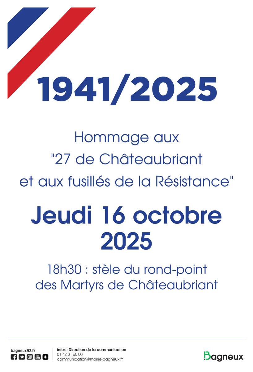 💐 Commémoration

La Ville vous invite à l'Hommage aux "27 de Châteaubriant et aux fusillés de la Résistance".

📅 Jeudi 16 octobre, 18h30
📍 Stèle du rond-point des Martyrs de Châteaubriant