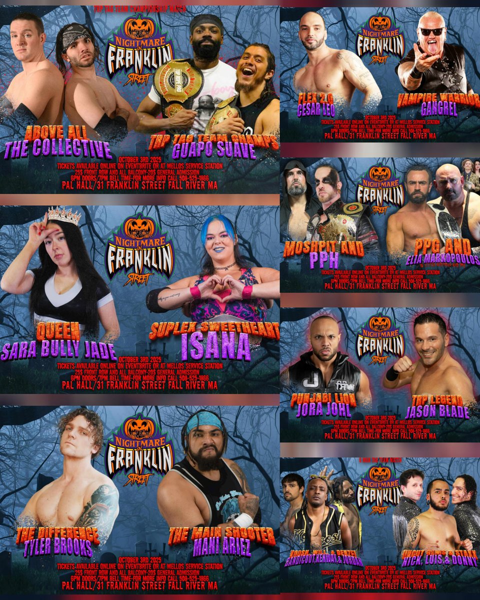 TONIGHT!!! FALL RIVER, MA!!! FULL CARD!!!
Top Rope Promotions 
Last minute 🎟 still available ⬇️
eventbrite.com/e/nightmare-on…
Let's pack the PAL Hall and... #SupportIndependentWrestling