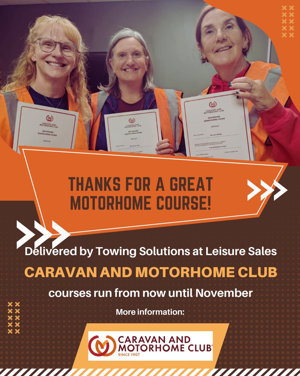 TowingSolutions's tweet image. ✨ We had the pleasure of training 3 lovely ladies on our Caravan and Motorhome Club Motorhome Course this September at Leisure Sales.

👏 Well done ladies – you smashed it!

👉 Build your confidence too: zurl.co/cuIqk 

#TowingSolutions #MotorhomeTraining