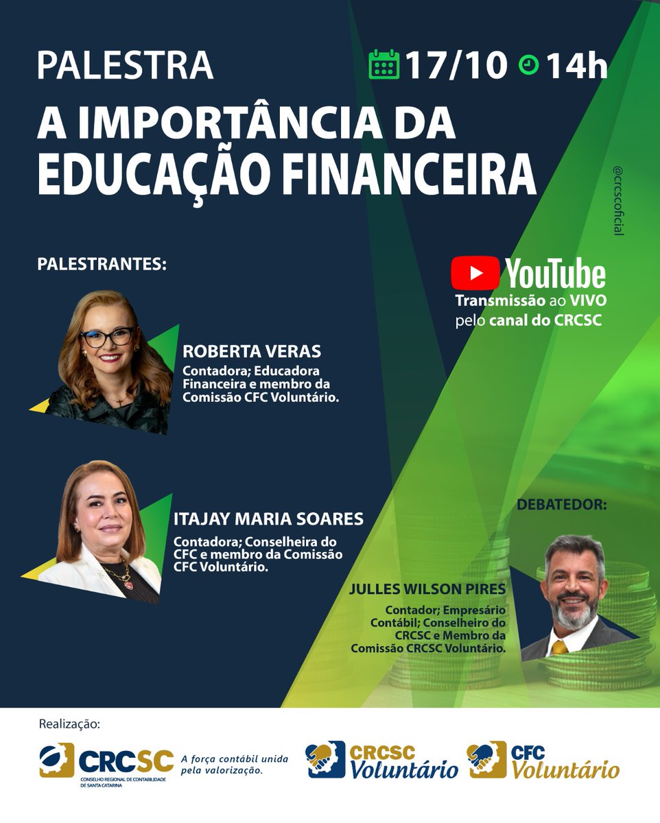 CRCSCOFICIAL's tweet image. Educação financeira não é luxo, mas uma necessidade. Para debater o tema, o CRCSC por meio da Comissão CRCSC Voluntário, promove a palestra &quot;A importância da Educação Financeira&quot;.
Inscrições: www1.cfc.org.br/evento?2B9