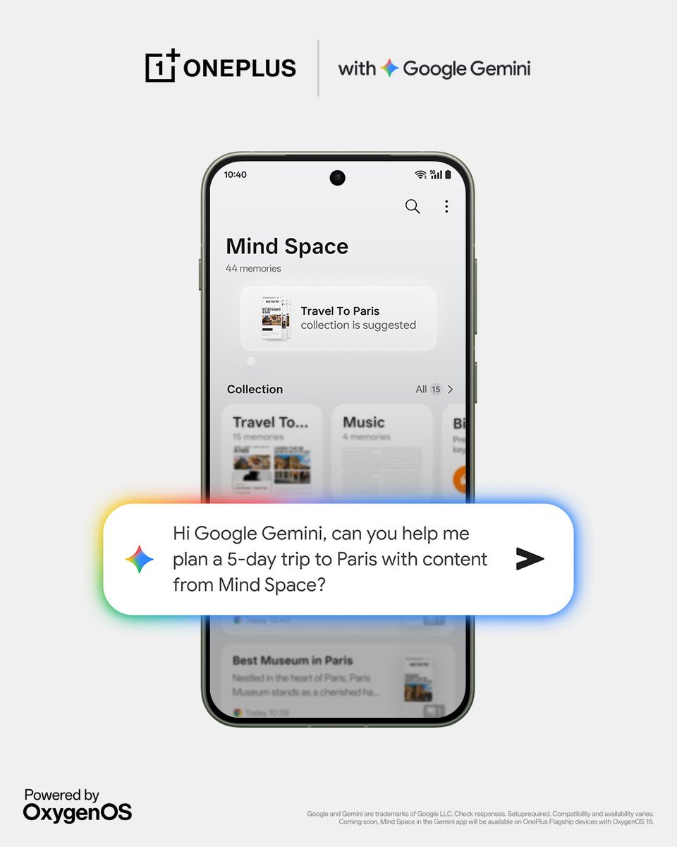 geekabhishek_'s tweet image. OnePlus is rolling out Gemini with the Mind Space feature in #OxygenOS16.
They’re calling it a smarter, more intuitive experience — designed to better understand user needs.
Interesting direction for on-device AI.