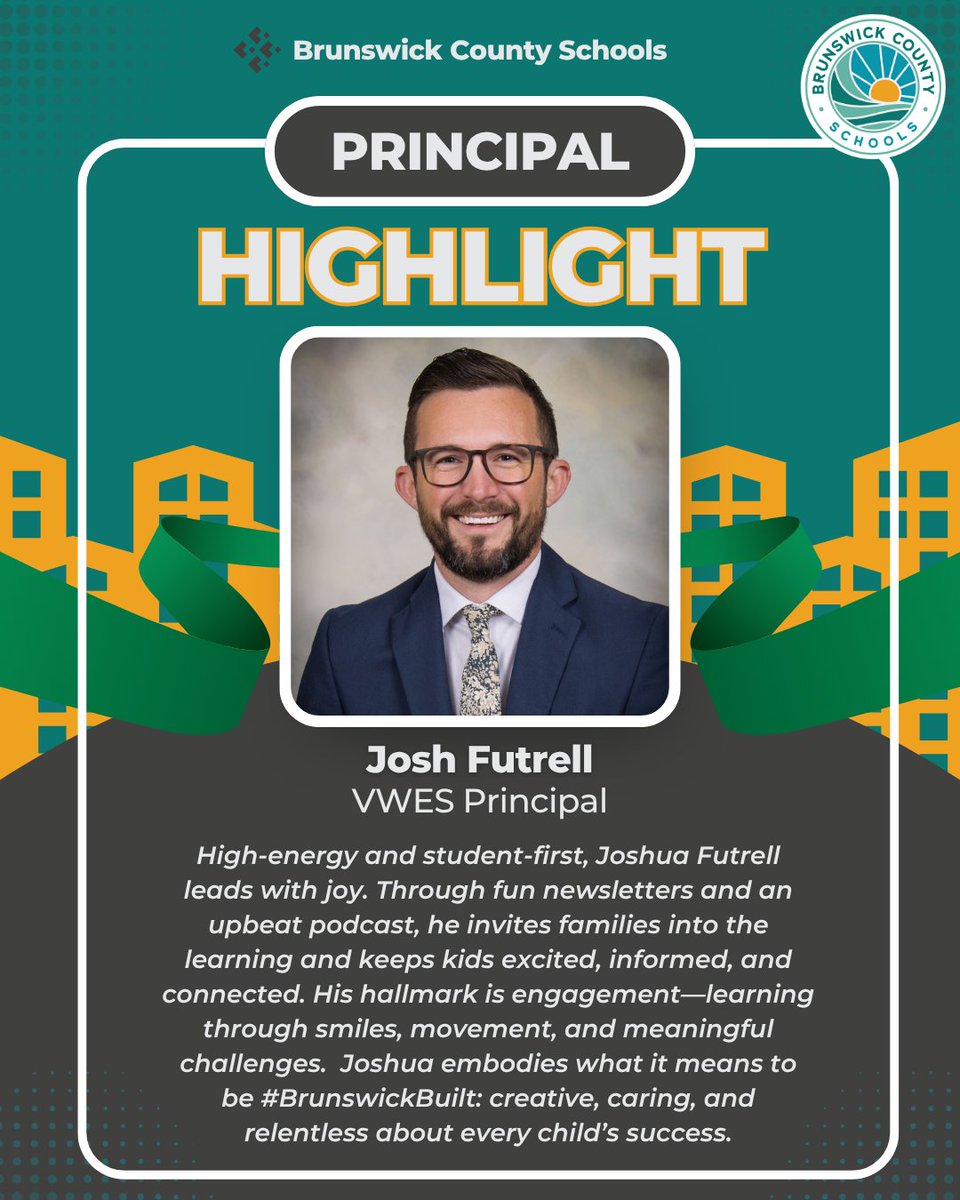 brunscoschools's tweet photo. 🍎 October is #NationalPrincipalsMonth! 🍎

Mr. Joshua Futrell, principal of Virginia Williamson Elementary—high-energy, student-first, and engaging kids through joyful newsletters & a podcast. Students are meeting growth and it shows. 👏

#BrunswickBuilt #VWES #ThankAPrincipal #NCpublicschools
