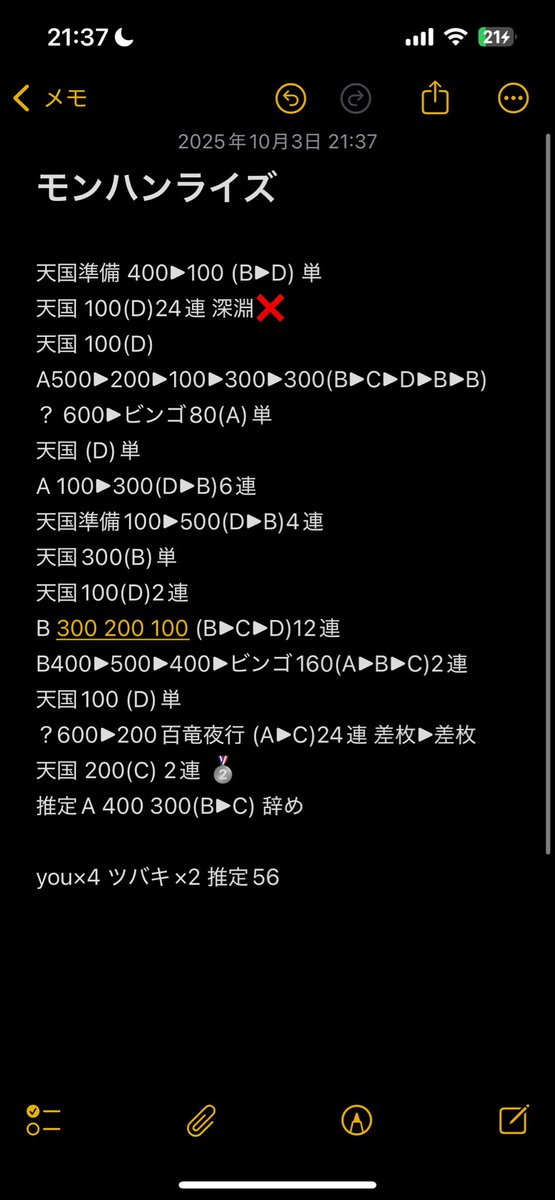 かどおわ！
狙いのモンハン1本釣り🎣 
隣金トロでて並びの対象ツモを確信。
朝イチ深淵チャレンジ失敗したけど残りは成功してよかった！

人生初万枚はお預け！次こそやってやる！
最後まで諦めない！それがハンターだ😎

投資460枚 回収9512枚 ☝️
挙動良かったのでメモ！初心者なのであしからず！