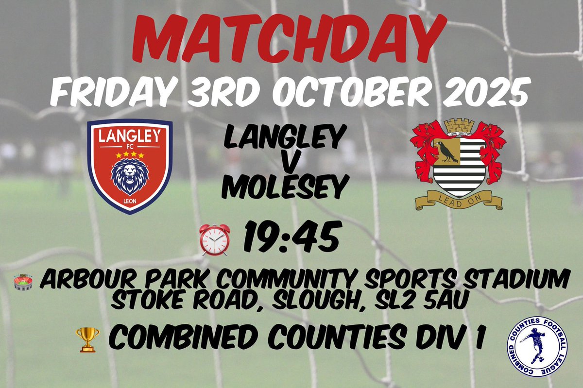 MATCHDAY
📆 Friday 3rd October 2025
🆚 <a href="/LangleyFC_/">Langley FC</a> 
🏟️ Arbour park community sports stadium,  Stoke Road, Slough, SL2 5AU
⏰ Kick-off 19-45
🏆 <a href="/ComCoFL/">Combined Counties Football League</a> DIVISION 1