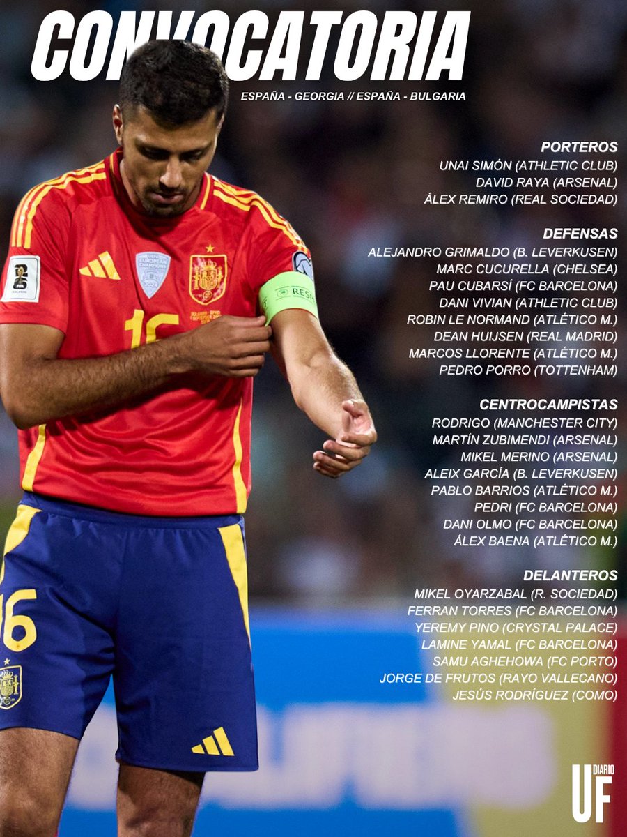 📋🇪🇸 𝐋𝐚 𝐥𝐢𝐬𝐭𝐚 𝐝𝐞 𝐄𝐬𝐩𝐚𝐧̃𝐚 

La Roja se medirá frente a las selecciones de Georgia 🇬🇪 y Bulgaria 🇧🇬 en este parón

👀 Estos han sido los elegidos por Luis de la Fuente para defender la elástica de nuestra selección