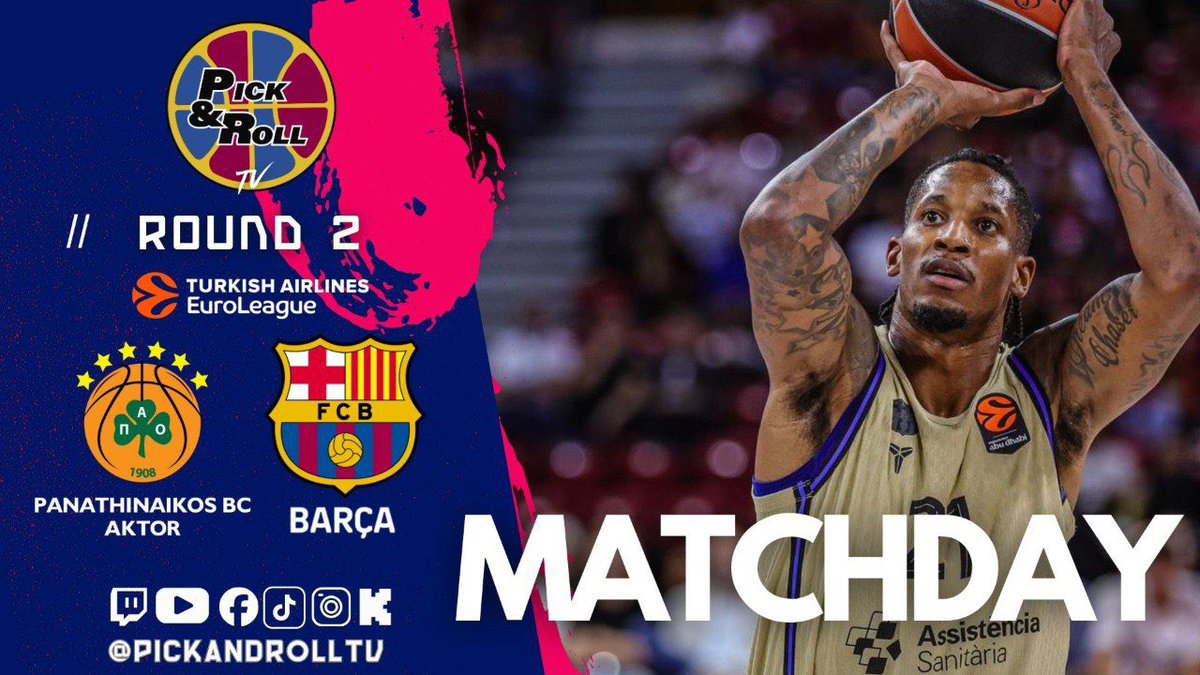 🏀 MATCHDAY 

📆 <a href="/EuroLeague/">EuroLeague</a> ROUND 2

⏰ A partir de las 19:30h, en Pick And Roll TV:  

🟢⚪️ <a href="/Paobcgr/">Panathinaikos BC</a> 
vs
🔵🔴 <a href="/FCBbasket/">Barça Basket</a> 

📺 Vívelo con nosotros en:  

🔴 youtube.com/@pickandrolltv  
🟣 twitch.com/pickandrolltv  
🟢 kick.com/pickandrolltv  
⚫️ tiktok.com/@pickanrolltv