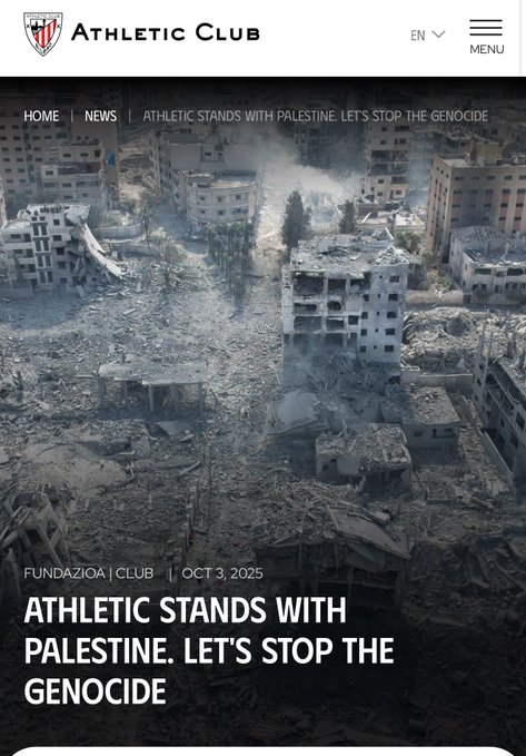 A website screenshot of Athletic Club with a logo featuring a red and white shield. Below the logo, text reads "Athletic Club" and includes navigation options like "HOME" and "NEWS." A large image shows a devastated urban area with destroyed buildings and rubble. Text overlay states "FUNDACION | Athletic Club, Oct 3, 2025" and "Athletic stands with Palestine, Let\'s stop the genocide."