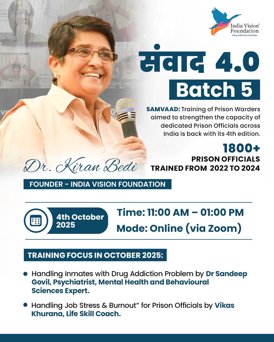 SAMVAAD 4.0 – Batch 5 is here! 

This October, we focus on:
Handling inmates with drug addiction
Managing stress &amp; burnout among prison officials
Led by experts with the vision of Dr. Kiran Bedi