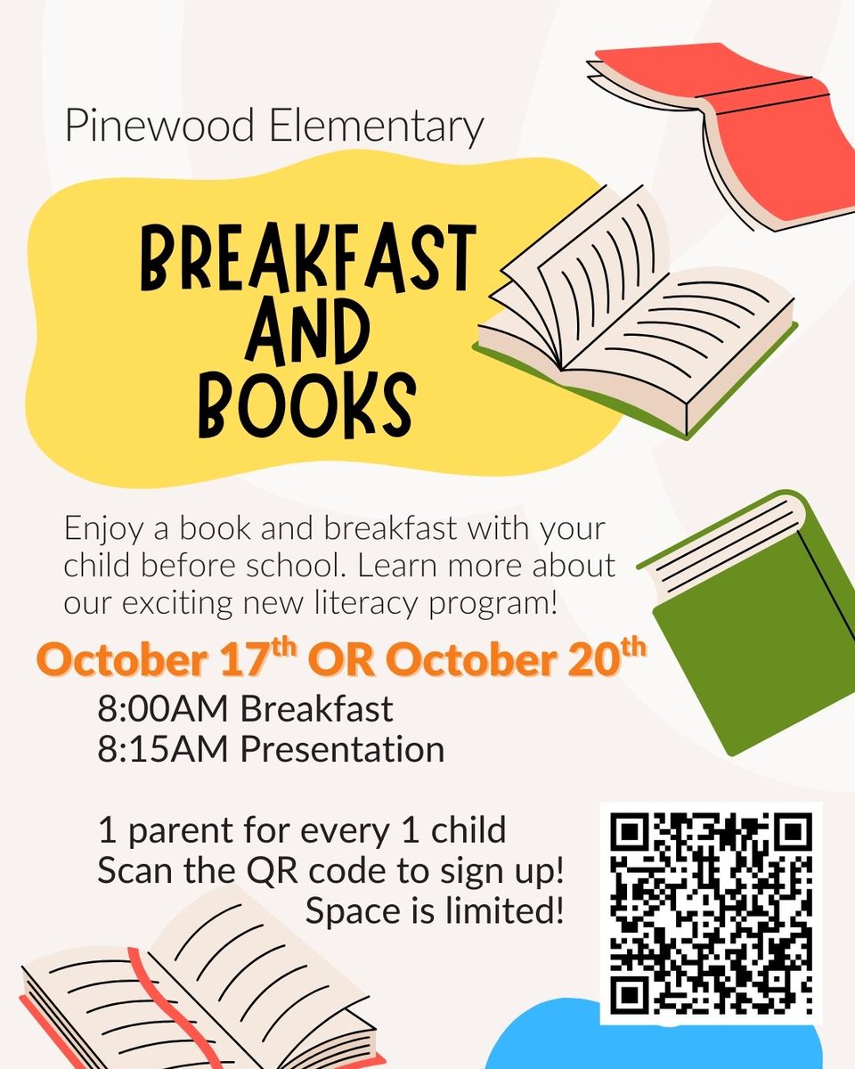 📚🥞 PINEWOOD Families: join us for Breakfast &amp; Books Oct 17 OR Oct 20 before school! Enjoy breakfast, a book with your child &amp; hear about our new literacy curriculum. Sign up soon—space is limited! signupgenius.com/go/10C0D4FA9AB…

✨ Briarwood &amp; Westwood—your turn is coming soon!