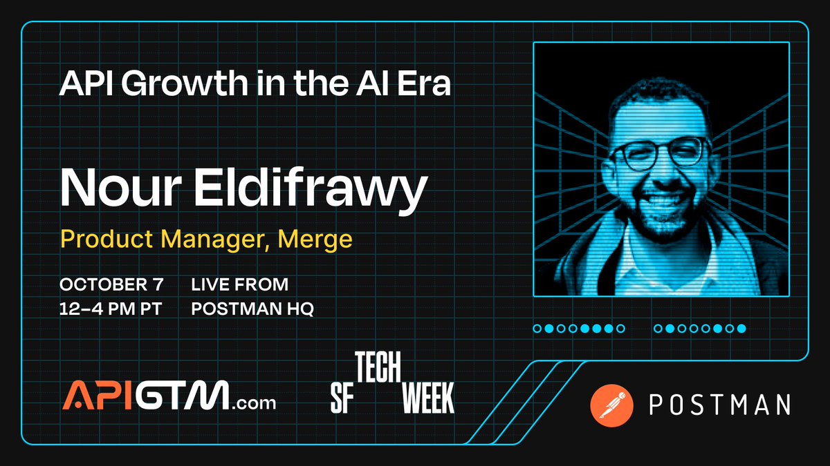 merge_api's tweet image. Our rockstar PM, Nour Eldifrawy, is less than a week away from presenting at @getpostman's APIGTM, a festival of lightning talks about API growth in the AI era!
Save your spot for Nour’s session—and explore the rest of the lineup—here:
hubs.ly/Q03LDLr80