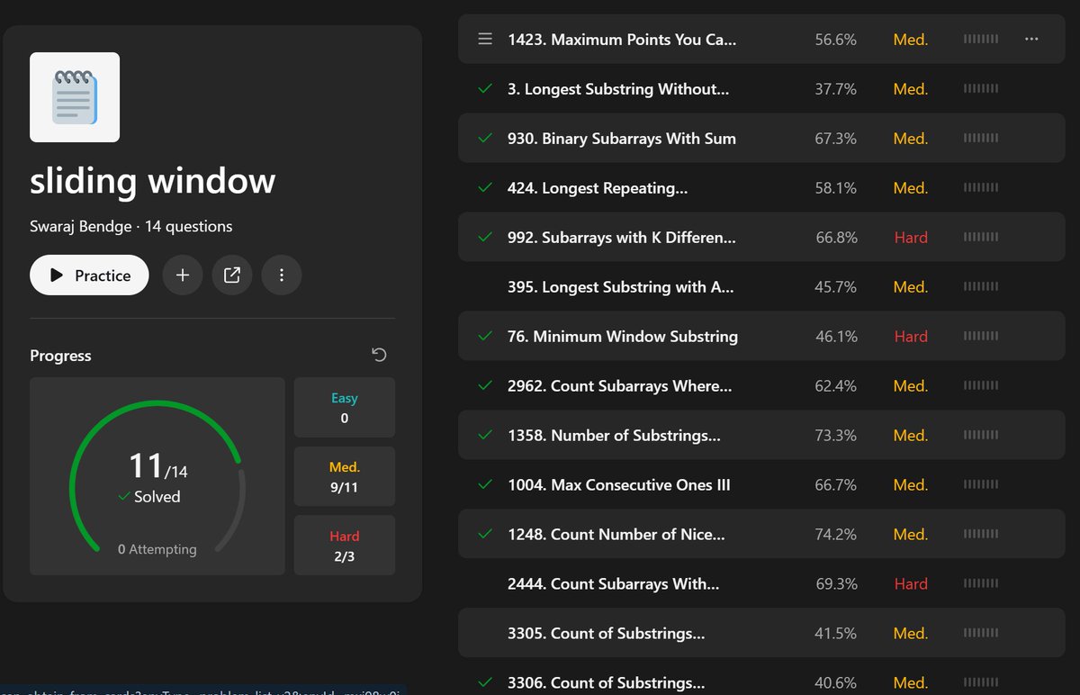 SwaDotDev's tweet image. Whenever i want to revise Sliding Window, these are my go to problems.
Anyone of you learning or revising it, check these problems out once.

(these are my personal picks that i think contains pretty good patterns on Sliding window)

#LeetCode #dsa
