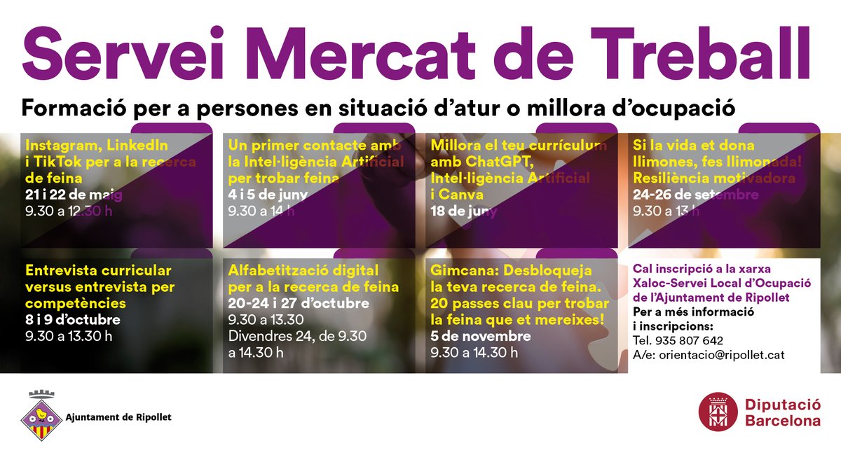 🍋Finalitzada la formació “Si la vida et dona llimones, fes llimonada! Resiliència motivadora” dins del Recull d'activitats del SLO de #Ripollet amb el suport de la <a href="/diba/">Diputació de Barcelona</a>

🔗Pròximes formacions: ripollet.cat/serveis/ripoll…

Més info:
📞935 807 642
📧orientacio@ripollet.cat