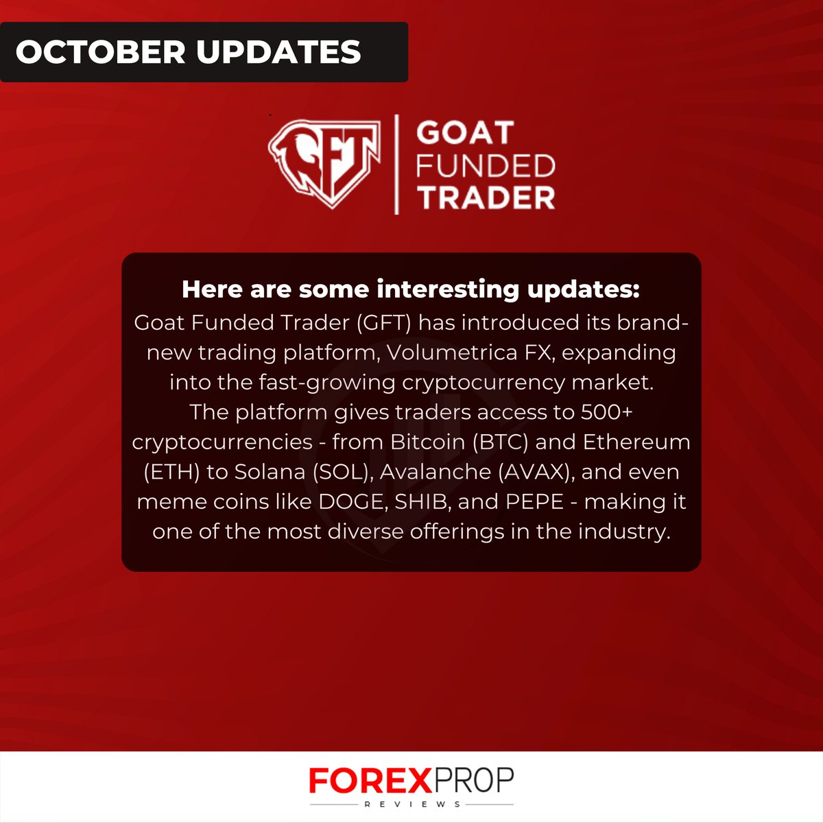 🌍 Goat Funded Trader launches Volumetrica FX 🚀
A major step into crypto, offering 500+ coins - from BTC &amp; ETH to SOL, AVAX, DOGE, SHIB &amp; PEPE. 📊💼
#GoatFundedTrader #VolumetricaFX #CryptoTrading #SmartTrading
