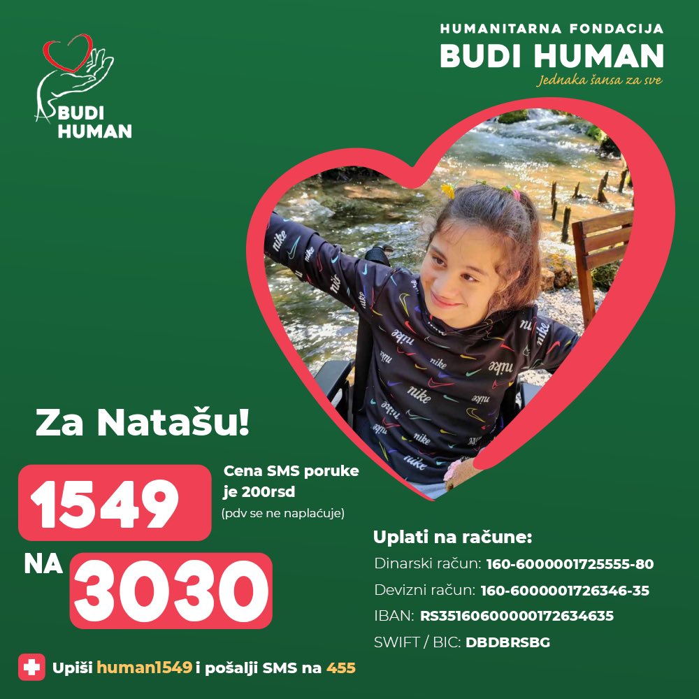 Pomozimo Nataši!

Upišimo 1549 i pošaljimo SMS na 3030

budihuman.rs/korisnik/1549/…

#budihuman #jednakašansazasve #zaprati #natašaminić