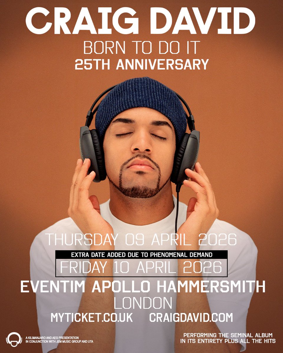 CraigDavid's tweet image. Wow… I’m honestly blown away by the response to this show ✨ I couldn’t leave it there, so I’m adding a second date, Friday 10th April 2026 at @EventimApollo  🎶😮‍💨

Tickets are on sale now, see you there 👀💫 

Tickets: CraigDavid.lnk.to/BTDIEventimApo…