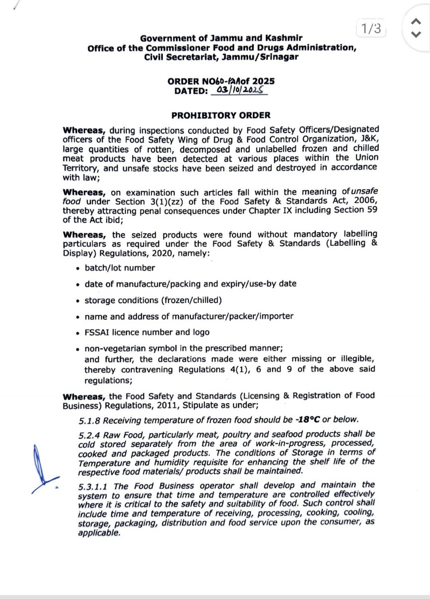 JK_FDA_Official's tweet photo. FDA J&amp;K issues Prohibition of Frozen and Chilled Meat Products.
#ProhibitionOrder
@diprjk 
@fssaiindia 
@ahmedibnqayum https://t.co/5z8nPOsyPR