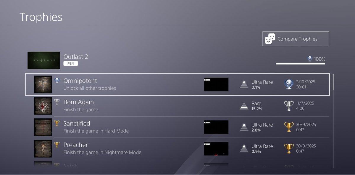 Outlast 2
Platinum #225
اصعب اصعب اصعب لعبة لعبتها بحياتي
يطلب منك تختم لعبة ع اصعب صعوبة بدون تبديل باتري و بدون ما تموت و اصعب بدون تخزين
يعني لازم تكمل كل لعبة ب كعدة وحدة
اذا خرجت من لعبة ترجع من اول
اذا متت في مرحلة ٥ او ٦
ترجع تلعب من بداية لعبة
اخذ مني ٧-٨ محاولات