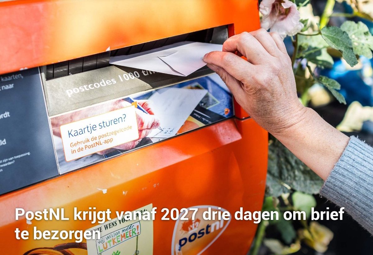 maartenbrink's tweet image. Je vraagt je zo langzaam aan af waarom je überhaupt nog iets per post zou versturen. Als er een weekend tussen zit is je post bijna een week onderweg als je pech hebt. PostNL krijgt vanaf 2027 drie dagen om brief te bezorgen.
 nu.nl/economie/63711…
#postnl #post