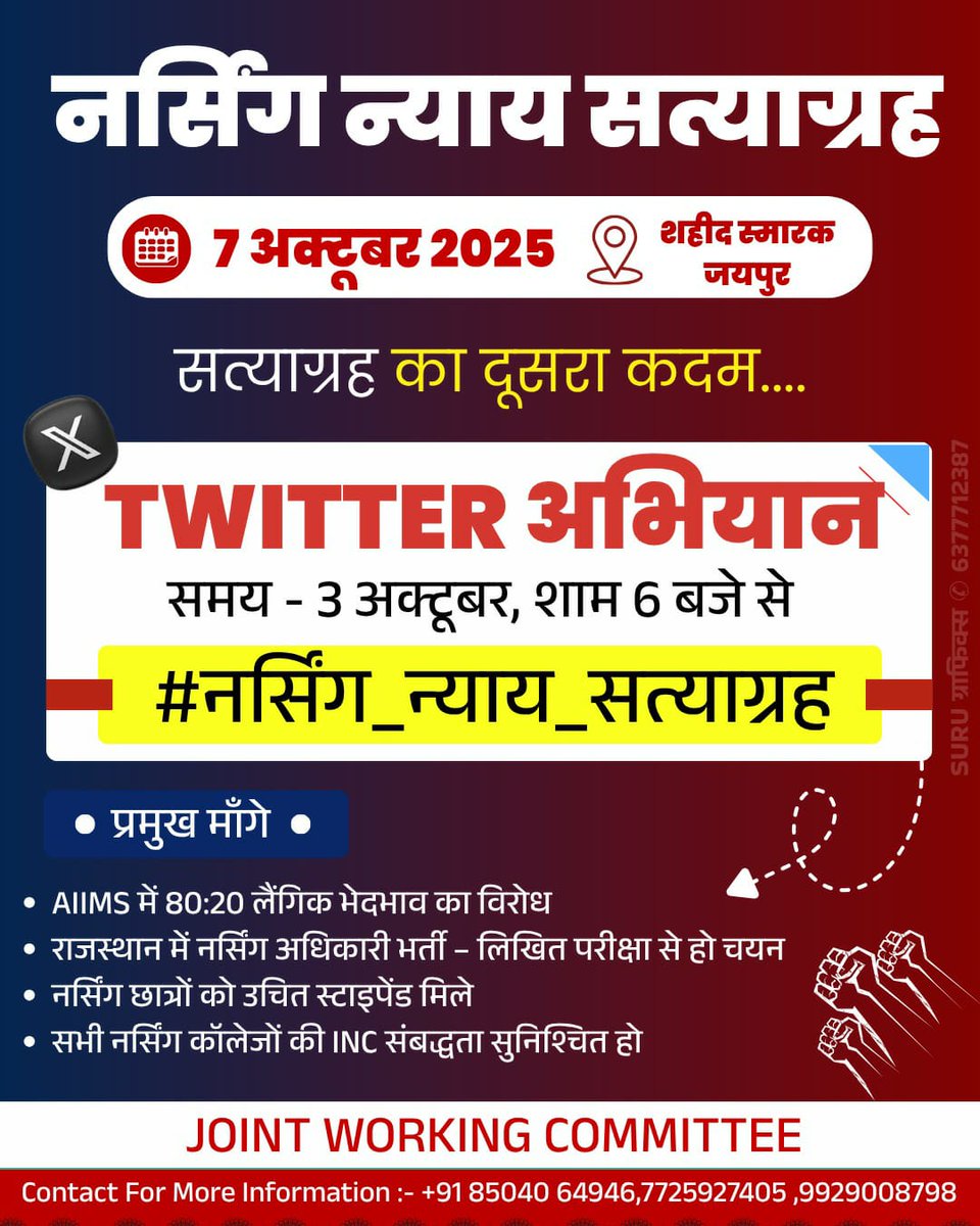 ainsc_official's tweet photo. आज हमारा ट्वीटर कैंपेन है, 
#नर्सिंग_न्याय_सत्याग्रह हमारा यह कैंपन आने वाले 07 अक्टूबर को होने जा रहे "नर्सिंग न्याय सत्याग्रह " से सम्बंधित है, जिसका मुख्य उद्देश्य है राजस्थान मे नर्सिंग क्षेत्र मे बदलाव हो, काफी सालो से एक कु प्रथा चली आरही है स्थाई नर्सिंग भर्ती जॉ की 4200 Gread पे की है उसको आज के इस कॉम्पीटिशन के दौर मे भी 12 th के मार्क और नर्सिंग डिग्री के प्रतिशत एवं बॉउंस को जोड़कर, प्रतिशत आधारित मेरिट से कम्प्लीट करवाई जाती है, 2025 मे 9 हजार 879 स्थाई नर्सिंग अधिकारी की भर्ती को इसी प्रतिशत की भेट चढ़ाव कर उसको इसी आधार पर जोइनिंग देदी गयी है,

जबकि इसी राजस्थान राज्य में पुलिस सब इंस्पेक्टर सी भर्ती जिसकी कुल पोस्ट 859 है उसका ग्रेड पे 4200 है उसका लिए कितने धरने हुए प्रदर्शन हुए भर्ती रद्द हुई और वह पोस्ट मात्रा कितनी थी 859 की समथिंग और जबकि नर्सिंग अधिकारी की स्थाई भर्ती जो की प्रतिशत बेस पर पूरी की गई उसकी कुल पद 9879 थे,

 हम समस्त राजस्थान नर्सिंग का युवा यह चाहता है कि आने वाली स्थाई नर्सिंग अधिकारी भर्ती लिखित परीक्षा के माध्यम से हो जिस तरह राजस्थान राज्य में एक RAS,एक टीचर की भर्ती होती है, एक लेक्चरर की भर्ती होती है,एक पटवारी की भर्ती होती है एक SI,की भर्ती होती है एक पुलिस की भर्ती होती है एक फोर्थ क्लास की भर्ती होती है उनमें जिस तरह एग्जाम लेकर भर्ती की जाती है इस तरह एग्जाम के द्वारा स्थाई नर्सिंग अधिकारी भर्ती को भी पूरा किया जाए, 
@RajCMO @GajendraKhimsar
@JATbera1 @MoHFW_INDIA @aiims_newdelhi @JPNadda 
@sitaramgurjar15 @Bholaram_RN @vikash_dukiya @Rajmal_abhinna @NDV029 @ShankarDatuli