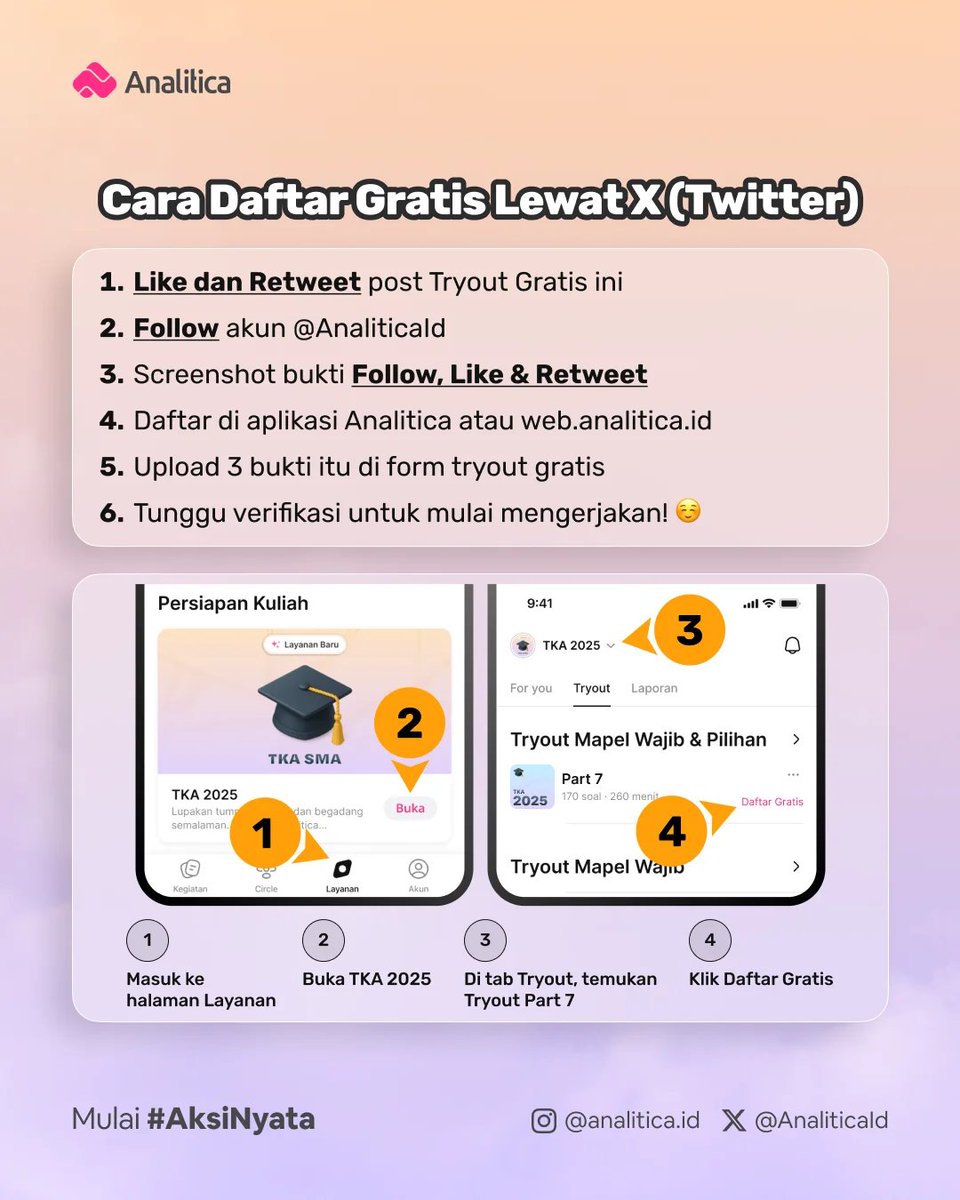 - Like, Retweet, dan Follow <a href="/AnaliticaId/">Analitica - Bantu Lolos Seleksi</a>
- Login di app Analitica atau klik link ini link.analitica.id/akses
- Upload buktinya
- Reply "DONE"
- Tunggu verifikasinya
- Kerjakan tryoutnya😁