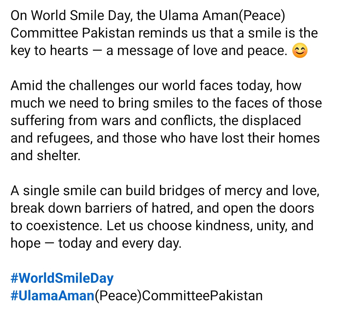 UACP_Official's tweet image. On World Smile Day, the Ulama Aman(Peace) Committee Pakistan reminds us that a smile is the key to hearts — a message of love and peace. 😊
facebook.com/share/p/1Lpigw…