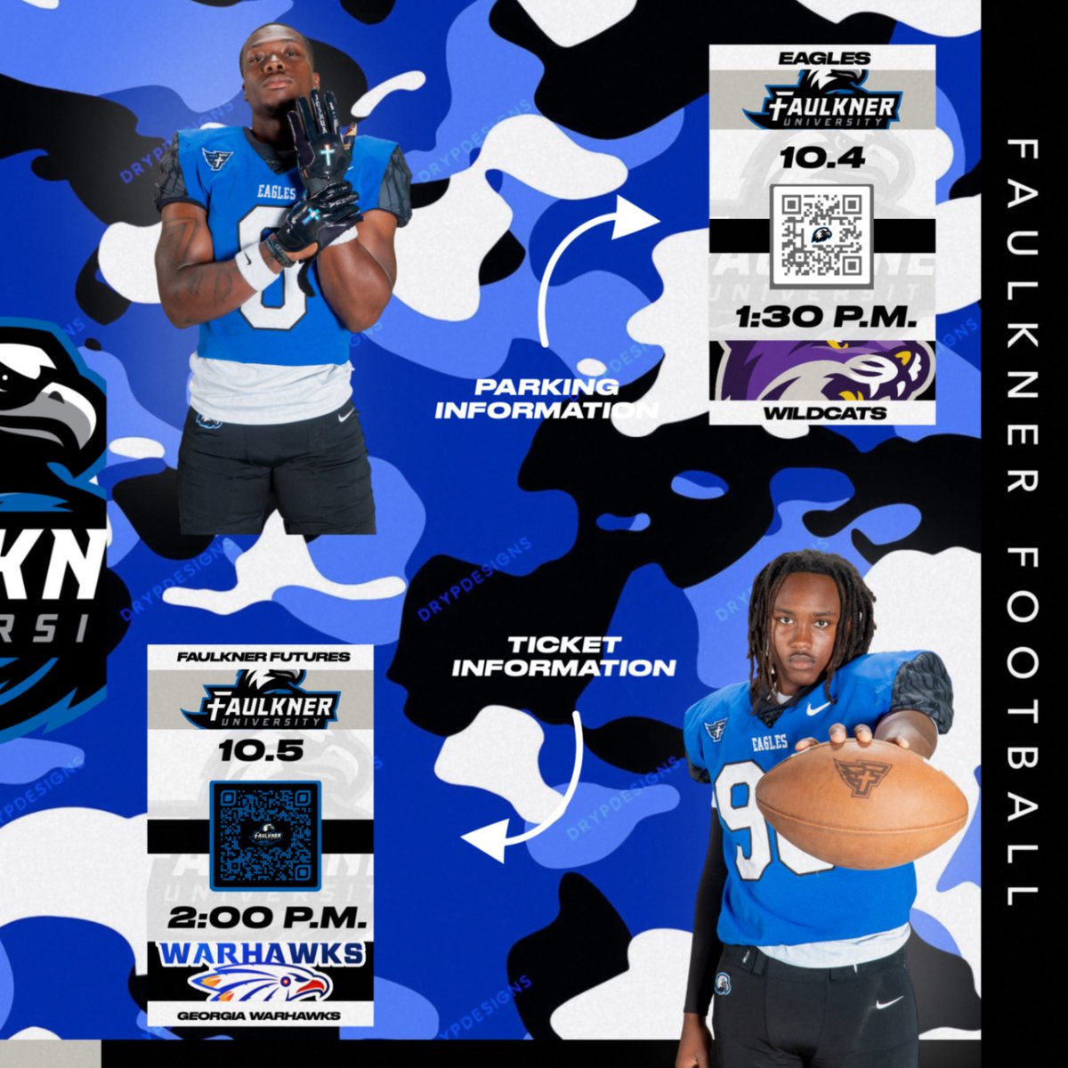 24 hours until a weekend full of football at the Bill!

Make sure you have your parking passes and tickets to avoid waiting in line. 

🎟️ faulknereagles.com/sports/2021/1/…

Don't forget to wear your camo for Saturday's game!