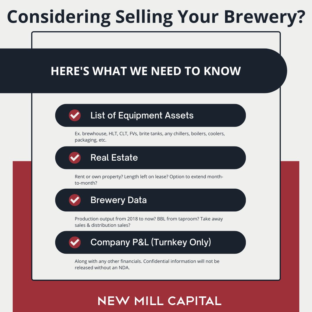 Considering selling your brewery or downsizing? Contact Us! ow.ly/hsI450X3J26 #newmillcapital #brewery #brewhouse #craftbeerbrewing #brewbids #fermenter #britetank #brewbound #canningline #usedequipment #auction #auctioneer