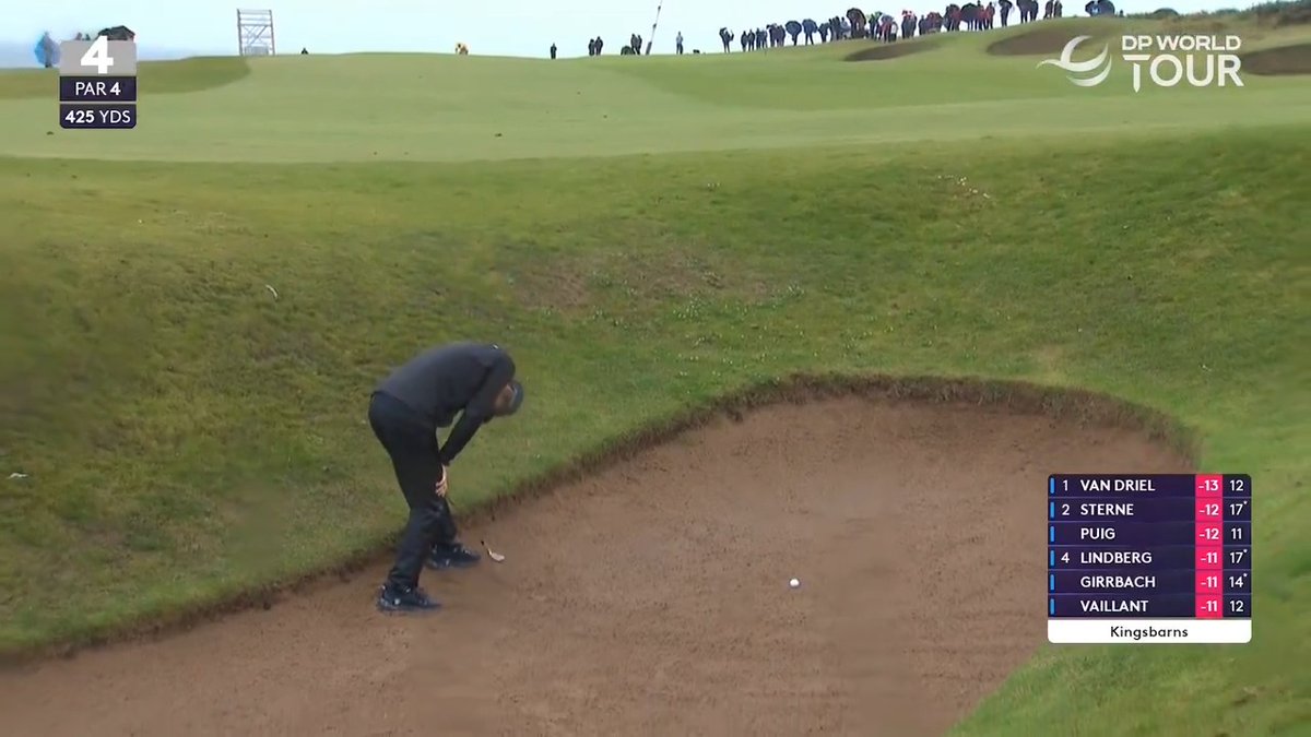 A DP World Tour broadcast screenshot showing a golfer preparing to play out of a bunker at Kingsbarns, with the leaderboard displaying Van Driel (-13), Sterne (-12), Puig (-12), Lindberg (-11), Girrbach (-11), and Vaillant (-11).