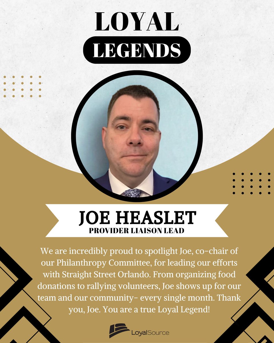 LoyalSourceGS's tweet image. Welcome back to our favorite Loyal Legends Series🌟

We&apos;re spotlighting Joe Heaslet, co-chair of our Philanthropy Committee, for leading our monthly efforts with Straight St Orlando. He consistently takes the lead in supporting his team &amp;amp; community. Thank you for all you do, Joe!