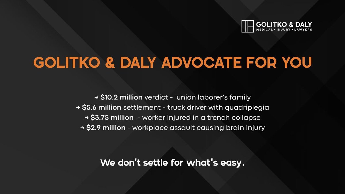GolitkoDaly's tweet image. We don&apos;t settle for what&apos;s easy. We go for hard results. And results make us the best advocates:

→ $10.2 million verdict
→ $5.6 million settlement
→ $3.75 settlement 
 
Visit indianaworkers.com/contact/ for your free consultation 

#WorkersComp #WorkersCompClaim #IndyLawyer