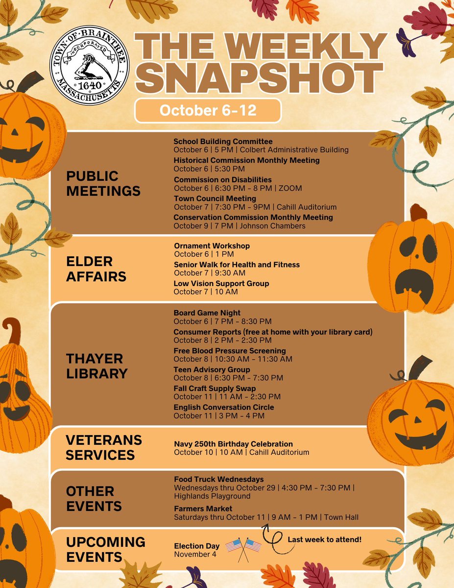 Check out what's happening in Town from October 6-12. For more information, visit: braintreema.gov