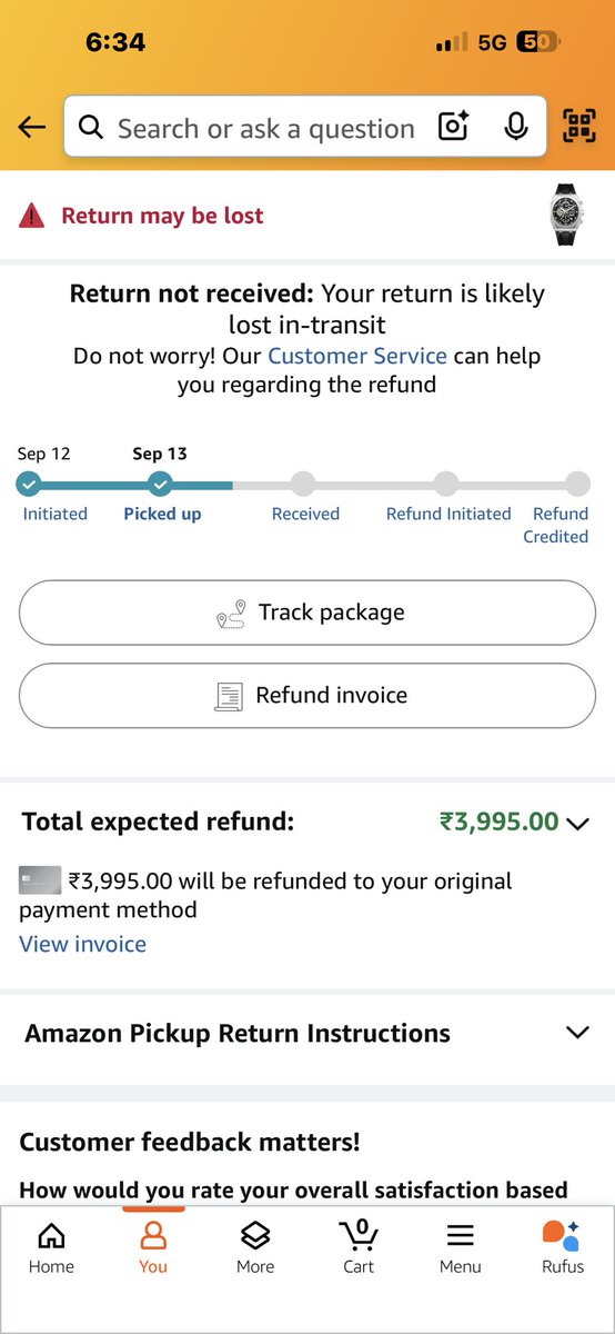 beingSaRthaK27's tweet photo. @amazon which weed your investigation team uses?
Such brainless team wonder how you employ them. I ordered a watch &amp; I have returned it. I have not got the refund amount yet.
Your investigation team says customer send wrong product which they sent me in the first place.
Pls check https://t.co/lMP3bqzU5Z